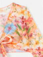 4 Piece Bikini Set Women Orange Floral Print Long Sleeve Mesh Cover Up Ruffle Skirt Swimsuit 2024 Sexy Bathing Suit Swimwear