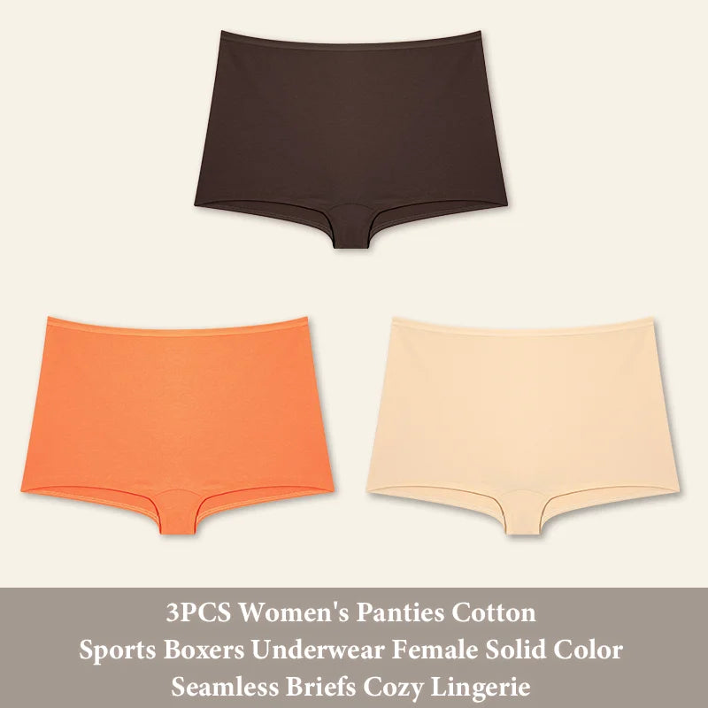 3PCS Women's Panties Cotton Seamless Sports Boxers Underwear Female Solid Color Briefs Cozy Lingerie Intimate Underpants XS-XL