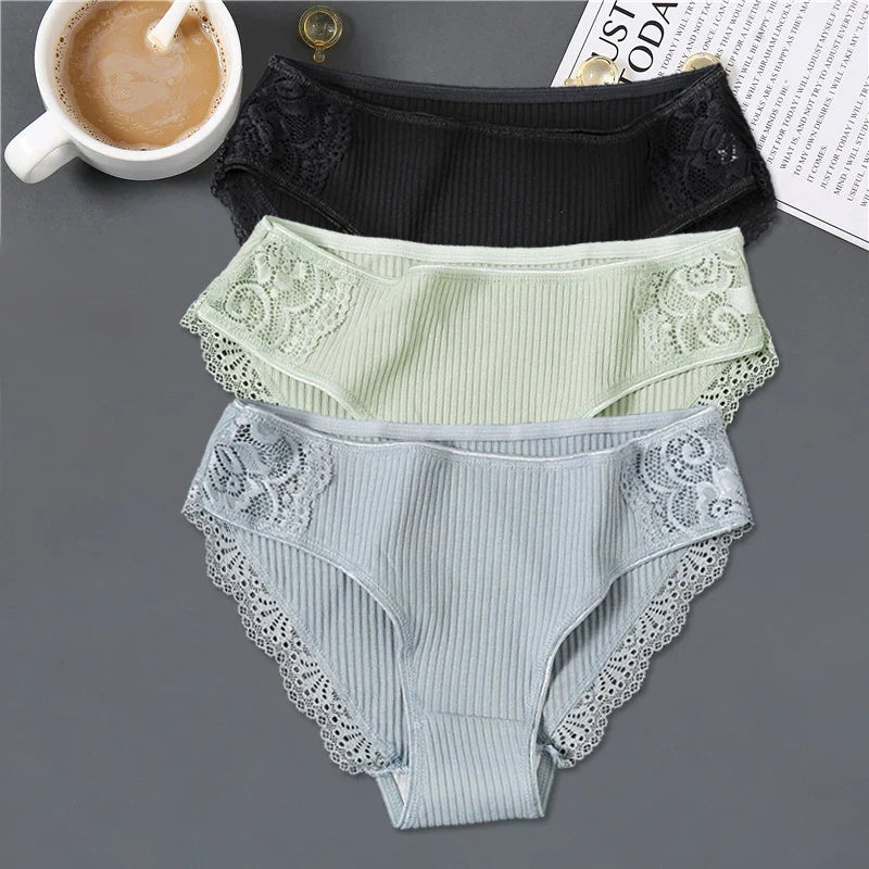 3Pcs/set Women's Cotton Panties M-2XL Women Patchwork Lace Underwear Sexy Low Waist Briefs Ladies Comfortable Underpants 2022