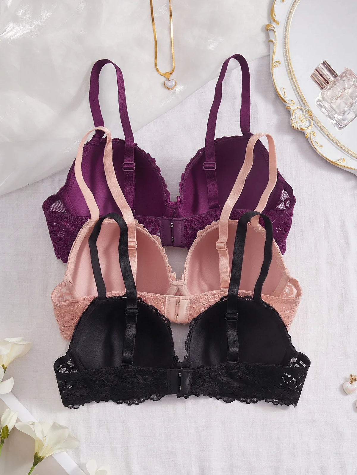 3Pcs Floral Lace Women's Underwear Set Daily Push-Up Bra Rhinestone Breathable Mesh Bra for Women