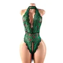 Summer Women Red Crotchless Lingerie Halter Lace Hollow Backless Bodysuit Erotic Costumes Transparent Deep V Sexy Underwear Sets
