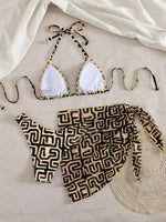 Vintage Yellow Geometry Print Bikini Set Women Halter Push Up Bra Mesh Skirt 3 Piece Swimsuit Bathing Suit Holiday Swimwear 2026