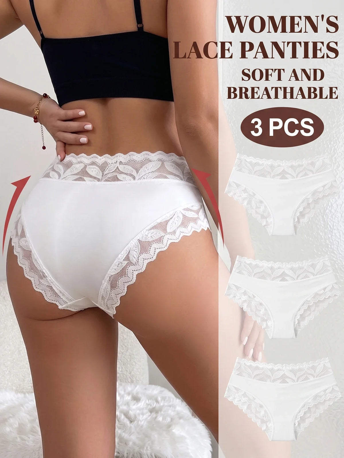 3PCS/Set Women's Sexy Lace Panties High Waist Hollow Out Briefs Breathable Underwear Female Elastic Soft Lingerie XS-XXL