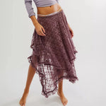 Vintage Lace Flower Women Midi Skirts Elastic High Waist Skirts Spring Summer Chic Irregular Hem Casual Female Skirts