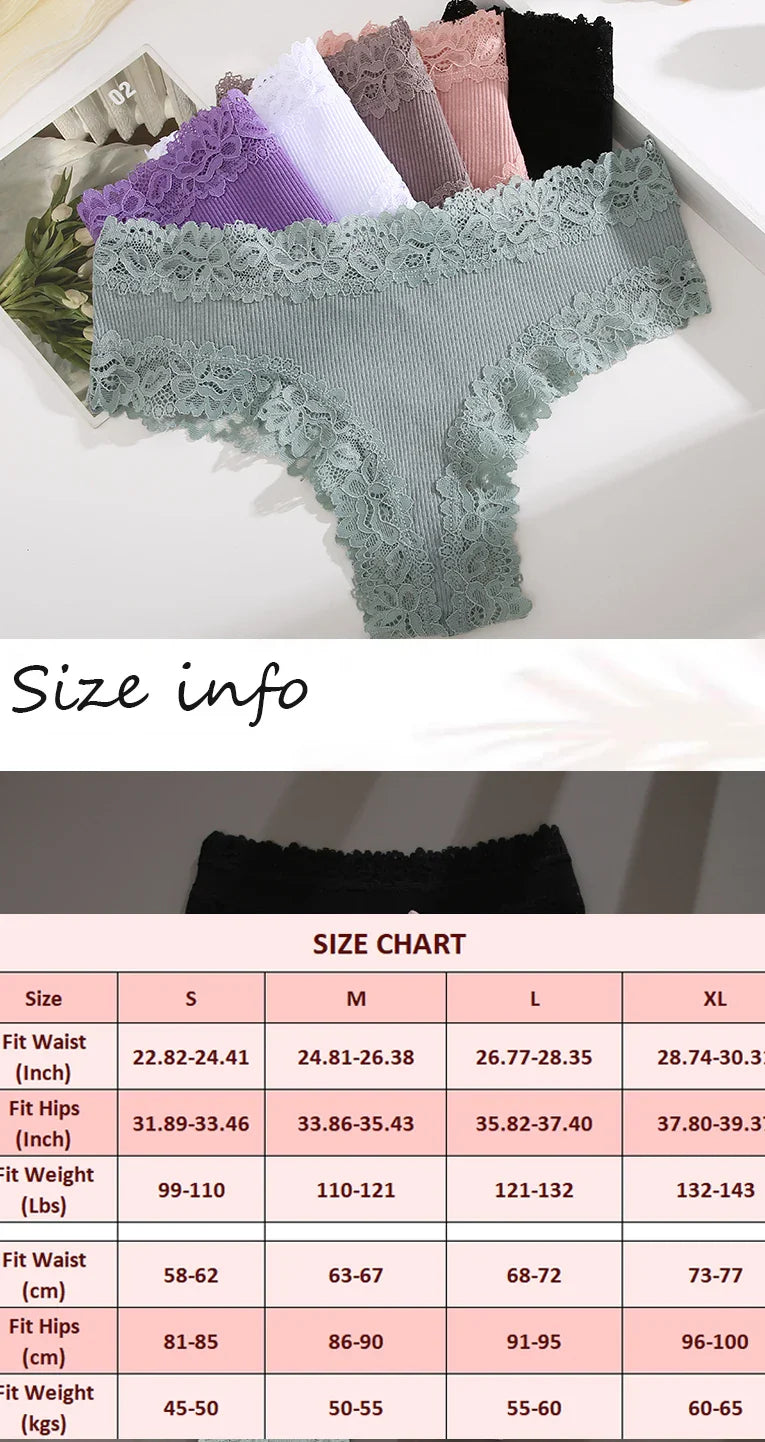 5Pcs Women Cotton Brazilian Pants Sexy Lace Brazilian Briefs Low Waist Floral Solid Color G-string Breathable Soft Lingerie