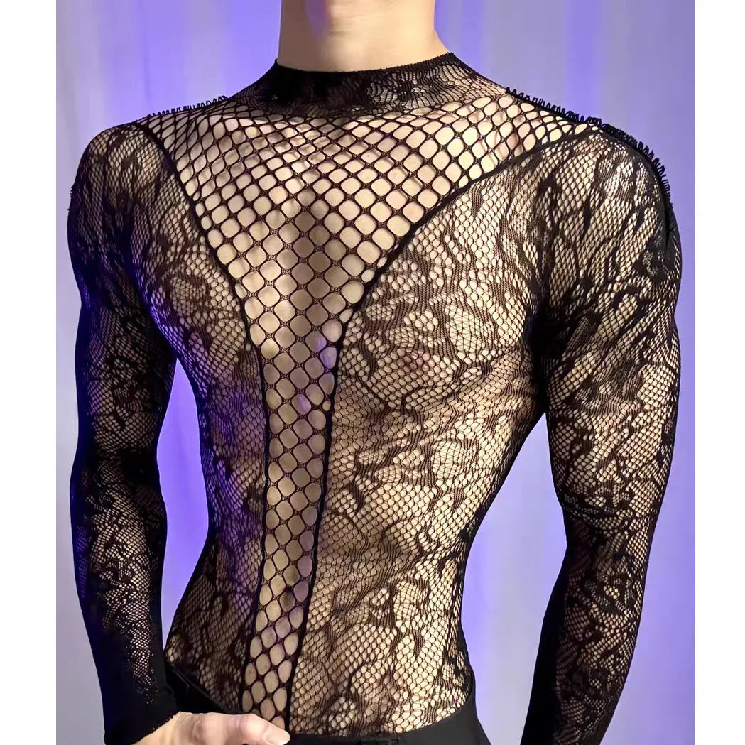 New American Style Fashion Men Vests Tops Crew Neck Sexy HollowMesh Bodysuit CasualLong Sleeve Tank Clubwear Party Costume
