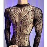 New American Style Fashion Men Vests Tops Crew Neck Sexy HollowMesh Bodysuit CasualLong Sleeve Tank Clubwear Party Costume