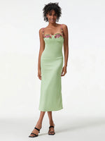 Satin Sling Bodycon Long Dress Women Flower Embroidery Sleeveless Spaghetti Strap Cocktail Dress Summer Party Club Skinny Dress