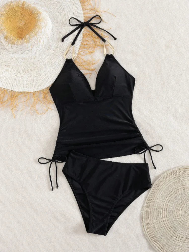 Vintage Black Two Piece Bikini Set 2026 Women Metal Buckle Strap V Neck Pleate Tank Top High Waist Bikini Bathing Suit Swimwear