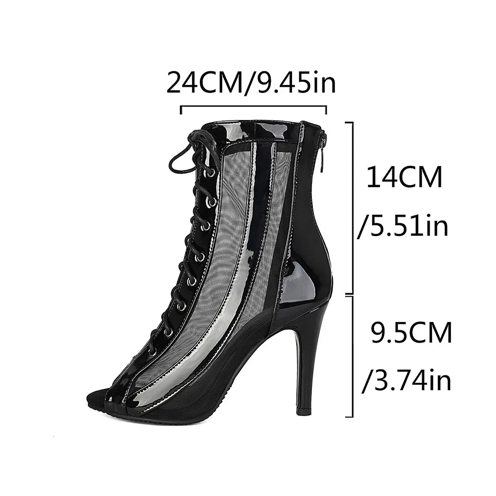 Plus Size Women Patent Leather Mesh Spliced Ankle Boots Back Zipper Peep Toe Lace Up Stiletto High Heels Hollow Out Summer Booti