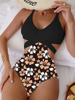 One Piece Swimsuit Women Vintage Green Floral Print Hollow Out Backless High Waist Bikini 2025 Bathing Suit Bandage Swimwear