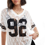 Women Summer Lace Football T-Shirt Casual Number Print See-Through V-Neck Short Sleeve Basic Tops for Streetwear