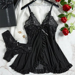 2 Pcs Set Sexy Lingerie Set Women Deep V Slip Dress Thong Erotic Bra Panty Sets Lace Nightdress Transparent Soft Nightgown