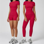 New Yoga Set Two Piece Women Short Sleeve Top with High Waist Leggings Seamless Workout Clothes Patchwork Sport Fitness Gym Sets