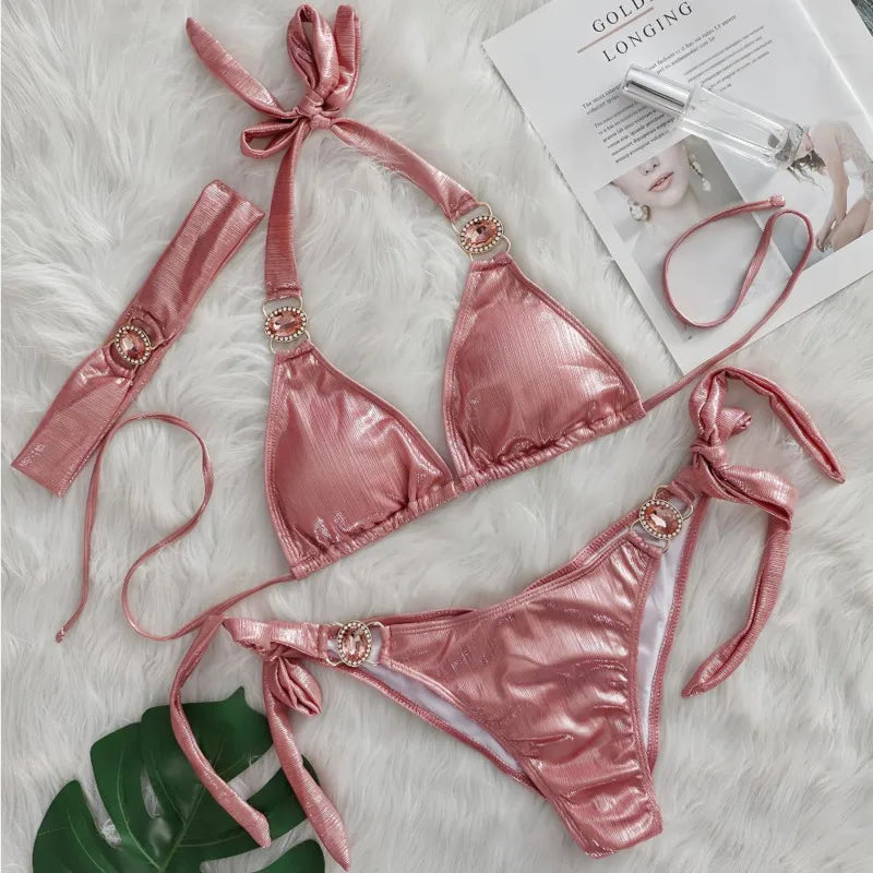 Glossy Sexy Bikinis 2026 Swimsuit With Rhinestones Women Swimwear Female Push Up Bikini Beach Swim Wear Bathing Suit Pool Bather