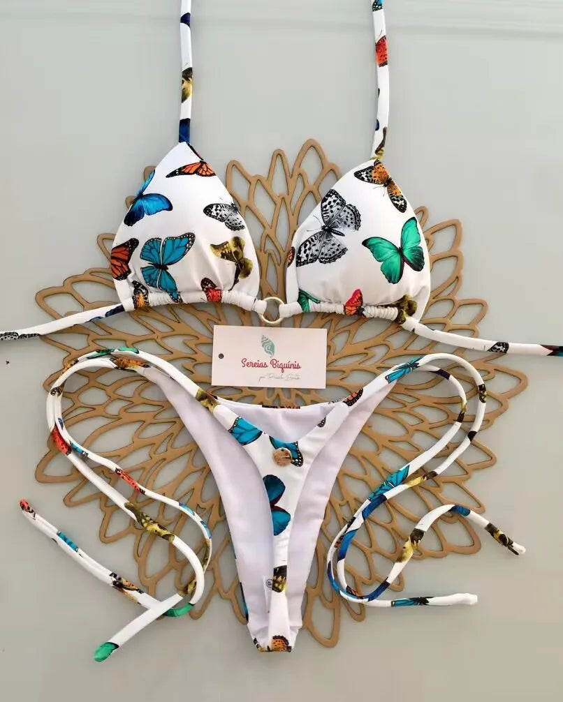 2026 Swimwear Women CuteCherry Print Brazilian Thong Bikini Set Sexy Thong Swimsuit Two Pieces Bathing Suit Women Beach Wear