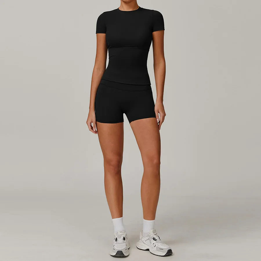 New Yoga Set Two Piece Women Short Sleeve Top with High Waist Leggings Seamless Workout Clothes Patchwork Sport Fitness Gym Sets