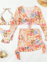 4 Piece Bikini Set Women Orange Floral Print Long Sleeve Mesh Cover Up Ruffle Skirt Swimsuit 2024 Sexy Bathing Suit Swimwear