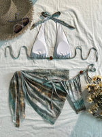 Green Tie Dye Ghradient Bikini Set 2026 Women Pearls Strap Push Up Bra Thong Swimsuit Beach Bathing Suit Skirt 3 Piece Swimwear