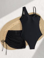 Vintage Black One Piece Swimsuit Skirt Sets Women Sexy One Shoulder Mesh Patchwork Slim Fit Tswimwear 2025 Beach Bathing Suits