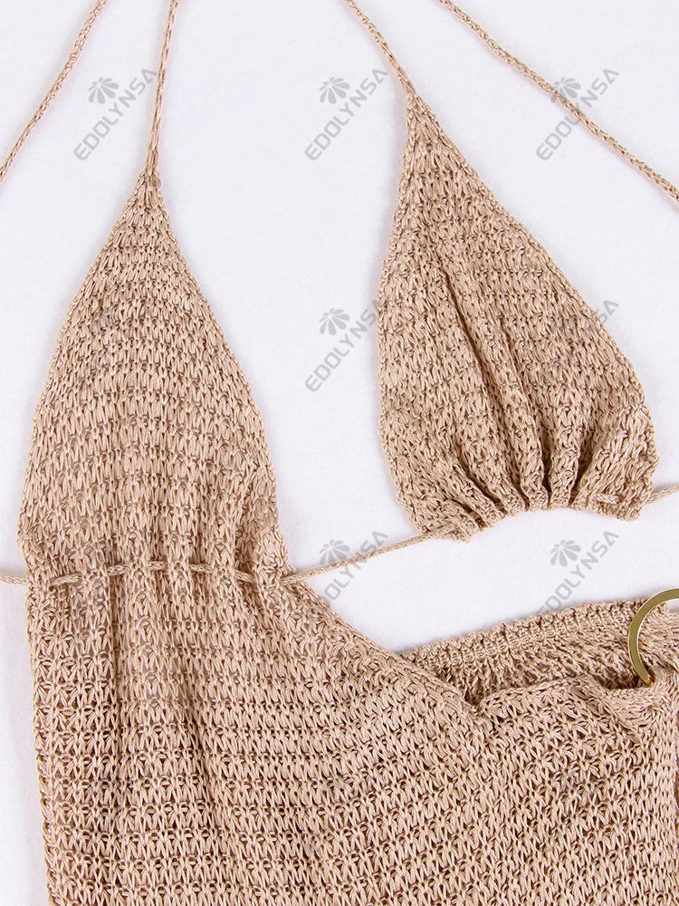 Sexy Slim Low-cut Tie Knit Halter Cut Out Circle Decoration High Slit Beach Maxi Dress 2026 Women Summer Swimsuit Cover Up K88