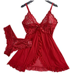 Ultra Sexy Lingerie Women Lace SeeThrough Nightdress Erotic PajamasSolid Soft Slim V Neck Sleepwear Summer Dress & Thong Kit