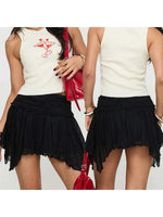 Women's Solid Color Gothic Mini Skirts Lace Ruched High Waist Skirts Spring Summer Irregular Hem Casual Skirts