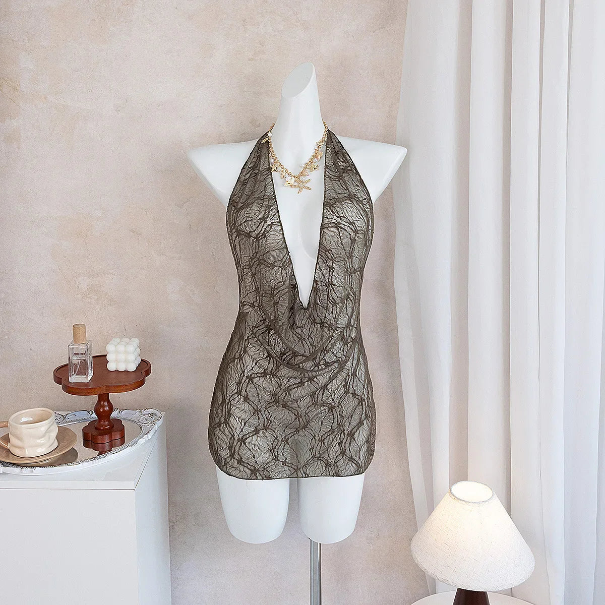 Women's CasualBeach Cover Ups Brown Deep V Neck Pleate Lace Short Dress Spring & Fall Vacation Sun Protection Smock