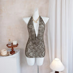 Women's CasualBeach Cover Ups Brown Deep V Neck Pleate Lace Short Dress Spring & Fall Vacation Sun Protection Smock
