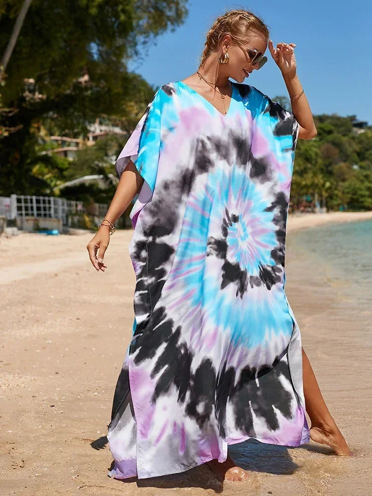 2025 Loose Boho Style Maxi Dress Print Face Swim Suit Cover-up Bohemian Dress Robe Plage Kaftan Maxi Dress Beach Wear Tunics