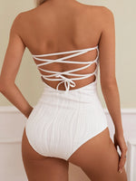 Sexy Bandeau Swimwear Women 2025 White Hollow Bandage Cross Drawstring One Piece Swimsuit Beach Bathing Suit Holiday Monokini