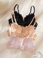 3PCS Daily Lace Trim Women's Underwear Set Rhinestone Push up Bra wite Underwire Soft & Stylish Female Slim Bra