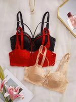 3Pcs Sexy Lace Women's Bra Crisscross Straps Underwire Push-Up Bralette Thin Soft Fashion Lingerie