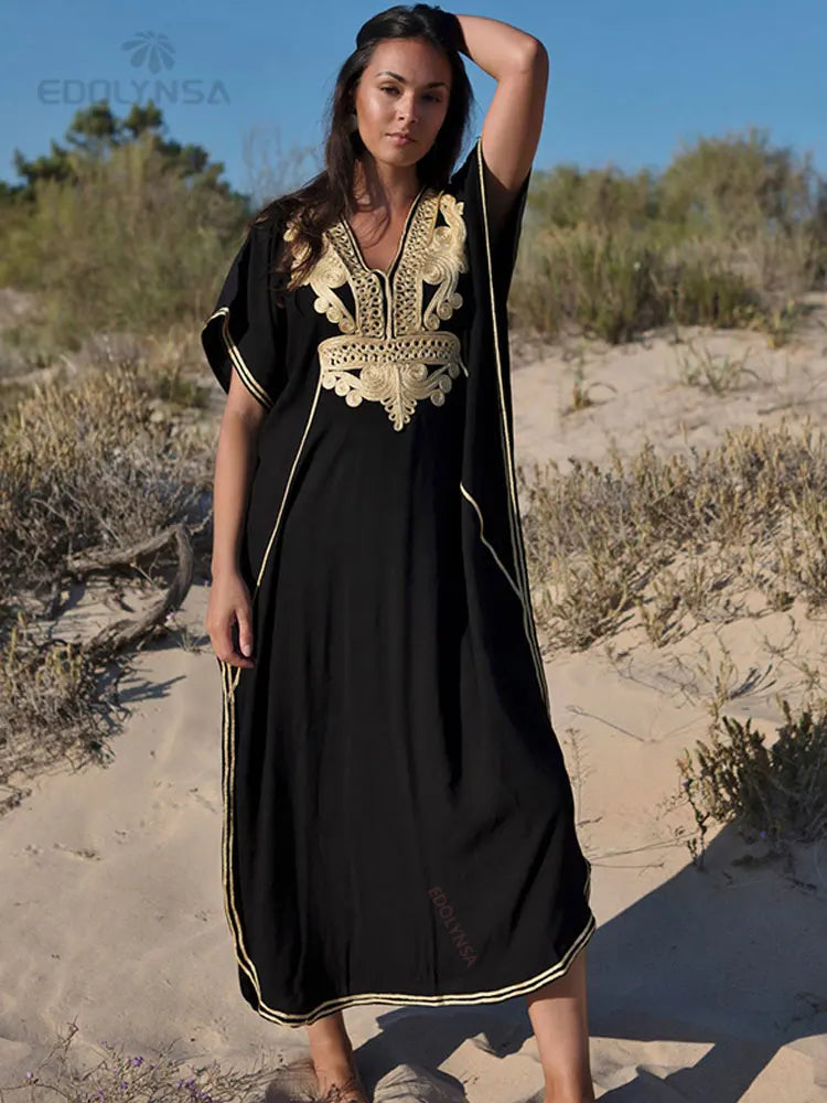 2026 Indie Folk Embroidered Short Sleeve Summer Dress Cotton Tunic Beach Kaftan Women Beachwear Swimsuit Cover Up Robe de plage