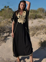 2026 Indie Folk Embroidered Short Sleeve Summer Dress Cotton Tunic Beach Kaftan Women Beachwear Swimsuit Cover Up Robe de plage