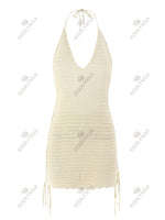 Solid Knit Halter V-neck Side Cross Straps Slim Beach Mini Dress 2026 Women Crochet Beach Swimsuit Cover Up Vacation Outfit K104