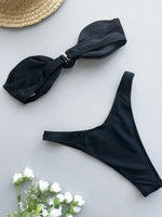 Sexy Front Tie Bow Bikini Set Women Black Bandeau Push Up Bra Micro Swimsuit 2024 Beach Bathing Suit Thong Swimwear Biquini