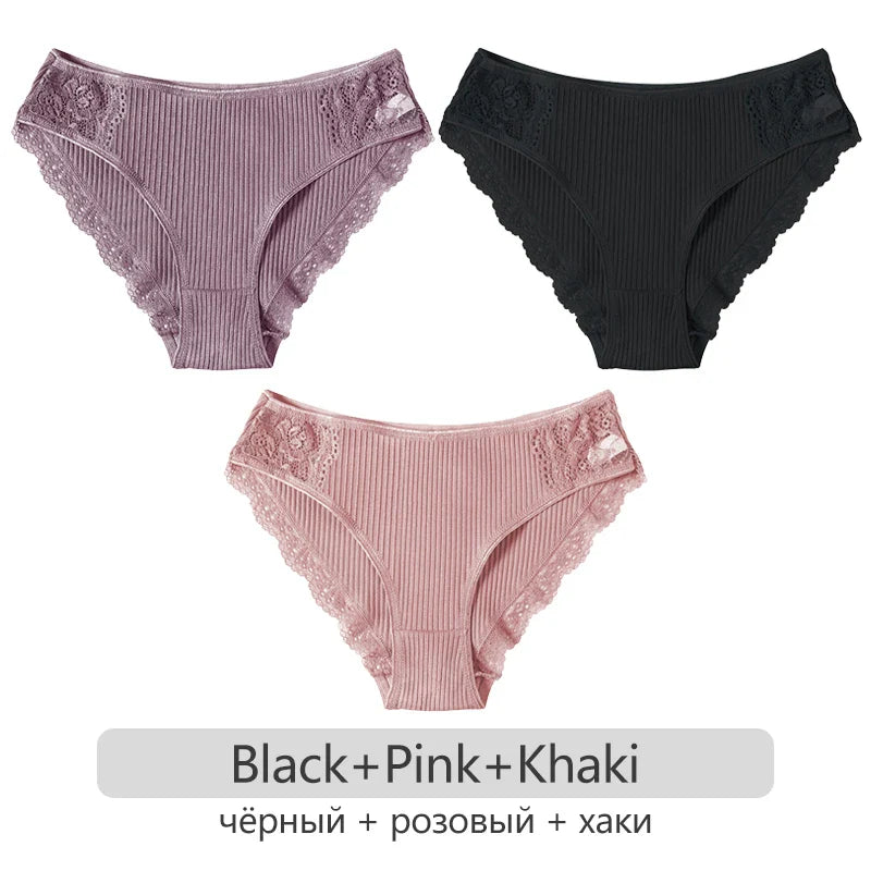 3Pcs/set Women's Cotton Panties M-2XL Trendy Patchwork Lace Underwear Female Low Waist Briefs Ladies Comfortable Underpants 2023