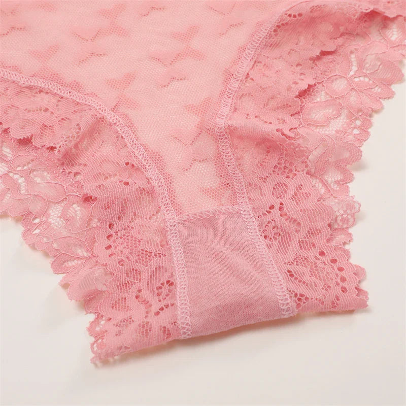 4PCS Lace Bikini Briefs Panties Women's Transparent Lingerie Sexy Female Underpants Floral Lace Perspective Waist Band Briefs