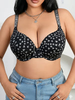 Plus Size B C D Thin Cup Women's Bra Wide Straps Push up Bra Stylish Heart & Rhinestone Comfy Side Bulge Control Underwire Bra