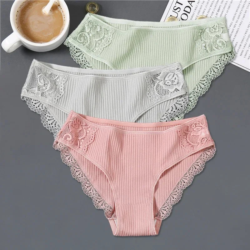 New 3Pcs/set Women's Cotton Panties M-2XL Women Patchwork Lace Underwear Sexy Low Waist Briefs Ladies Comfortable Underpants
