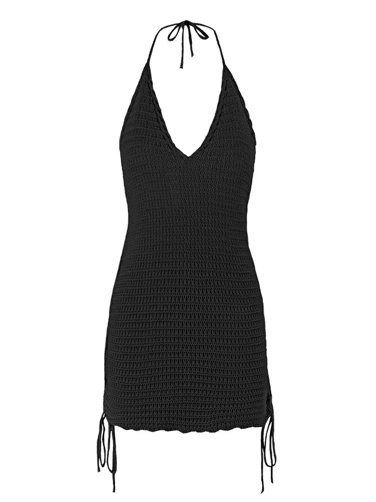 Solid Knit Halter V-neck Side Cross Straps Slim Beach Mini Dress 2026 Women Crochet Beach Swimsuit Cover Up Vacation Outfit K104
