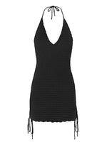 Solid Knit Halter V-neck Side Cross Straps Slim Beach Mini Dress 2026 Women Crochet Beach Swimsuit Cover Up Vacation Outfit K104
