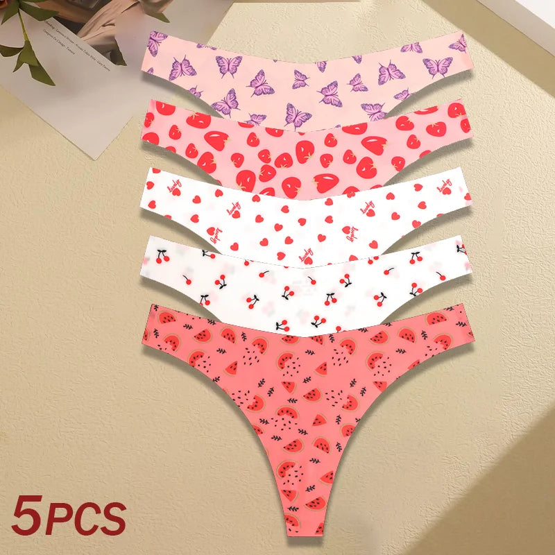 5Pcs Women G-string Seamless Sweet Fruit Thongs Low-waist Panties Ladies Soft Cute Thongs Female S-XL T-Back Panties Underwear