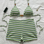 Sexy Striped Print Triangle Bikini with Shorts Halter Bead String Swimsuit Woman 2026 Swimwear Brazilian Bikinis Sets Femmes