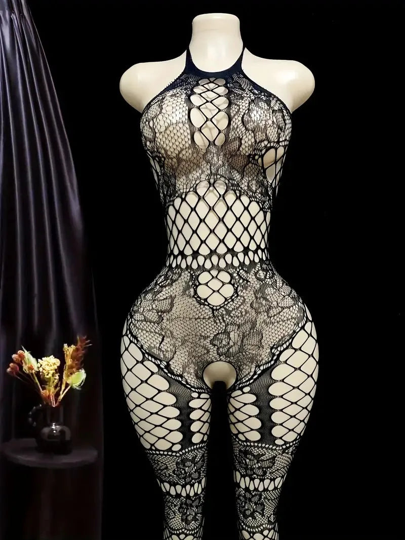 Hot Sexy Lingerie Erotic Crotchless Women Mesh Hollow Bodystockings Full Sleeve LeopardSling Hanging Neck Underwear Body Suits