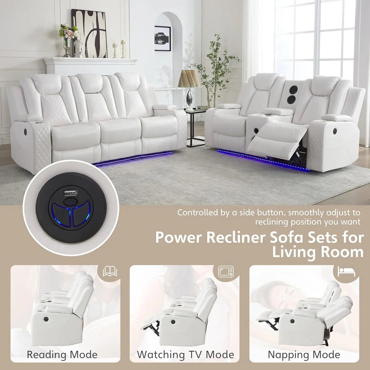 TODRANI Power Reclining Sofa 0 Gravity w/ Wireless Charger,LED Floor Lights,Reading Light, Drop-down Table USB/Type-C Port(070)