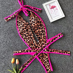 Sexy Bikini 2025 Swimsuit Woman Hollow Out Black Leopard Print Thong Swimwear Front Tie Bathing Suit Backless One Piece Swimsuit