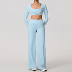 Hearuisavy Sports Set 2Pcs Women'sLong Sleeve Backless Fitted Fitness Top Push Up Pilates Yoga Top Wide Leg Straight Leg Pants