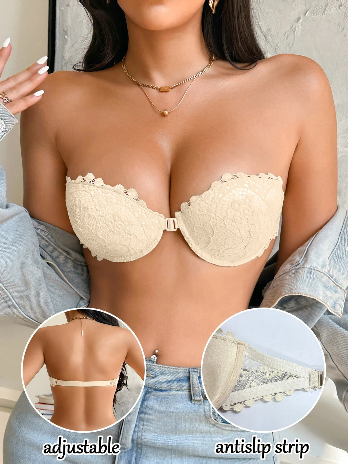 Lace Strapless Women Bra Sexy Front Clasp Push Up Bra Invisible Non-Slip Fashion Lace Bra Women